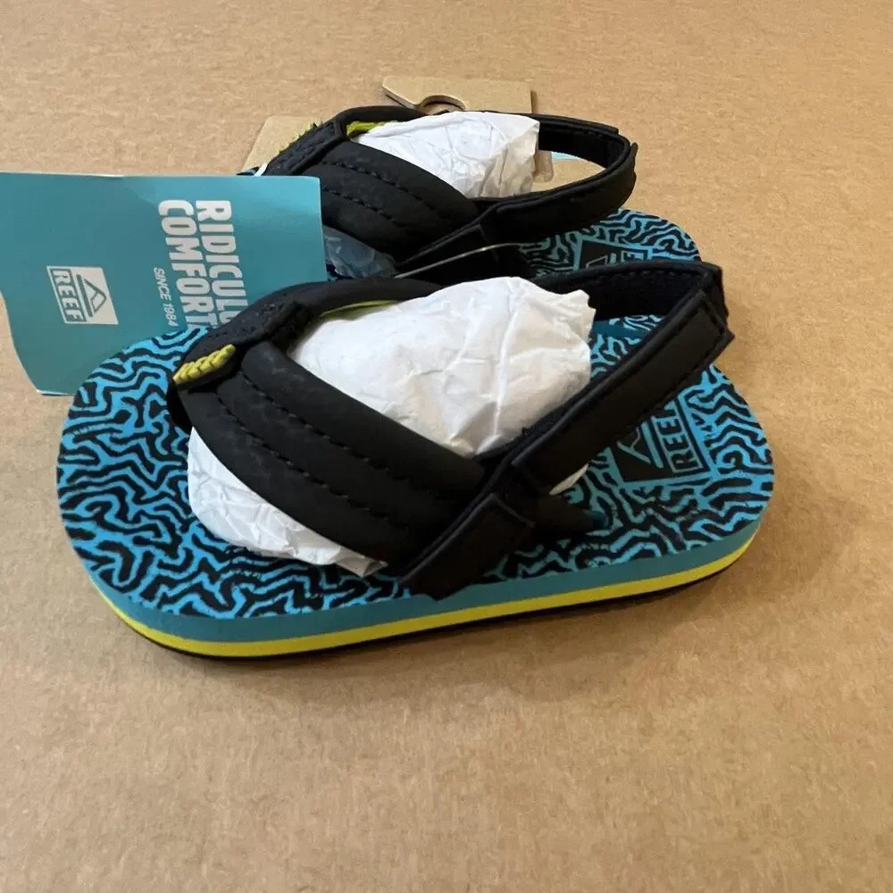 Reef Shoes Toddler Size 4 Black Blue Little Ahi Back Strap Flip Flop Sandals